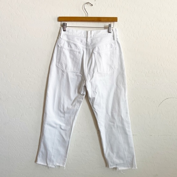 FRAME Le Hollywood High Waist Ripped Crop Straight Leg Jeans In Blanc Rips - Picture 5 of 11